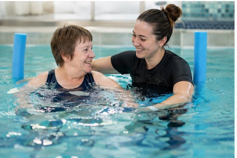 Exercise physiologist supporting a client with hydrotherapy exercises in a pool